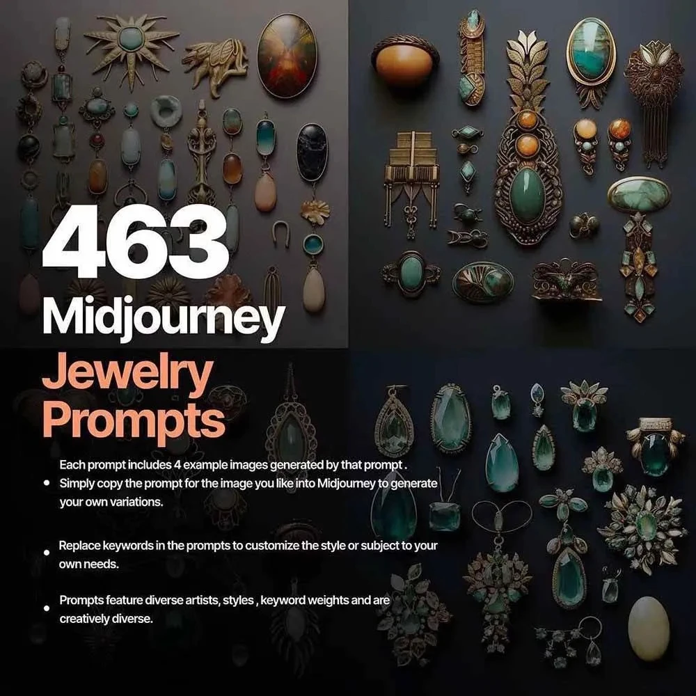 460+专业Midjourney珠宝摄影AI提示词+成效果图,戒指/项链/耳环/手链/宝石/及奢侈配饰等全品类 460+专业Midjourney珠宝摄影AI提示词+成效果图,戒指/项链/耳环/手链/宝石/及奢侈配饰等全品类
