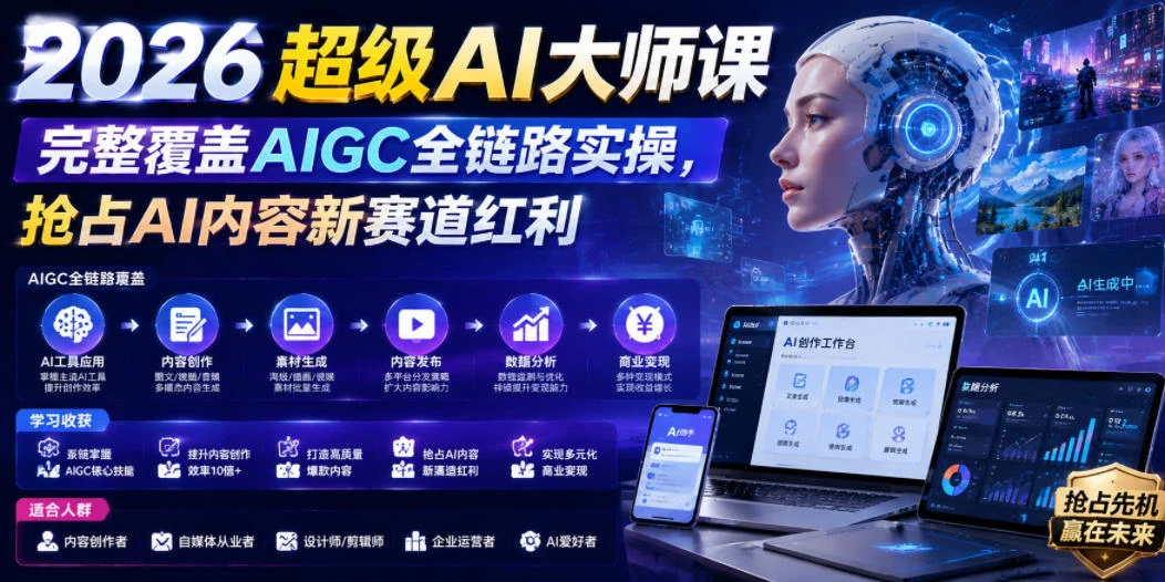 【精】2026超级AI大师课,完整覆盖AIGC全链路实操,抢占AI内容新赛道红利 【精】2026超级AI大师课,完整覆盖AIGC全链路实操,抢占AI内容新赛道红利