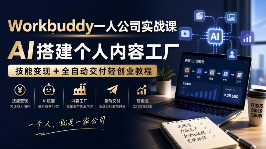 【精】Workbuddy一人公司实战课,AI搭建个人内容工厂,技能变现+全自动交付轻创业教程 【精】Workbuddy一人公司实战课,AI搭建个人内容工厂,技能变现+全自动交付轻创业教程