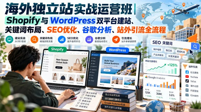 【精】海外独立站实战运营班|Shopify与WordPress双平台建站、关键词布局、SEO优化、谷歌分析、站外引流全流程