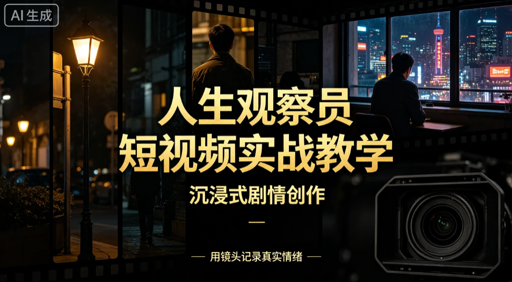人生观察员短视频实战教学 沉浸式剧情创作 零基础打造爆款视频 接商单广告 独家精选分成收益