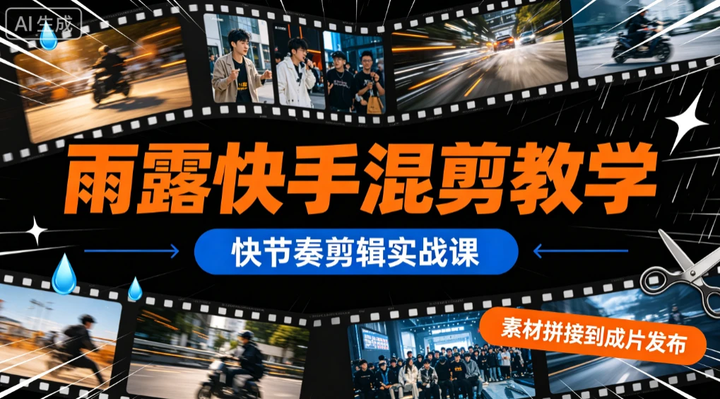 【精】雨露快手混剪教学，快节奏剪辑实战课，素材拼接到成片发布