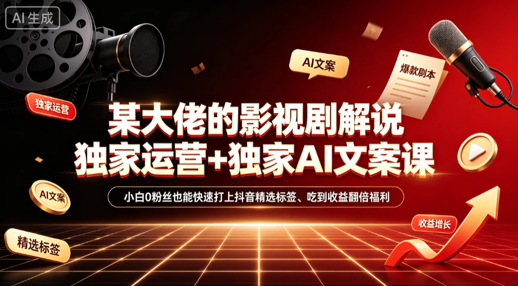 【精】某大佬的影视剧解说独家运营+独家AI文案课，小白0粉丝也能快速打上抖音精选标签、吃到收益翻倍福利