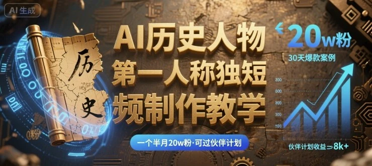 【精】最新AI历史人物第一人称独白短视频制作教学,一个半月20w粉,可过伙伴计划 【精】最新AI历史人物第一人称独白短视频制作教学,一个半月20w粉,可过伙伴计划