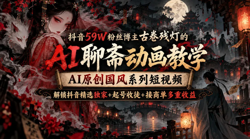 【精】抖音59W粉丝博主古卷残灯的AI聊斋动画教学,AI原创国风系列短视频,解锁抖音精选独家+起号收徒+接商单多重收益 【精】抖音59W粉丝博主古卷残灯的AI聊斋动画教学,AI原创国风系列短视频,解锁抖音精选独家+起号收徒+接商单多重收益