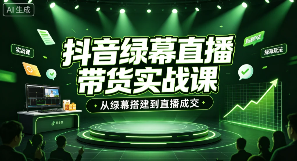 【精】抖音绿幕直播带货实战课，从绿幕搭建到直播成交