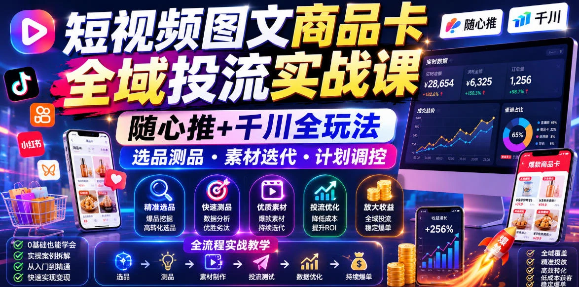 【精】短视频图文商品卡全域投流实战课,随心推+千川全玩法,选品测品・素材迭代・计划调控,提升ROI爆单增收教程 【精】短视频图文商品卡全域投流实战课,随心推+千川全玩法,选品测品・素材迭代・计划调控,提升ROI爆单增收教程