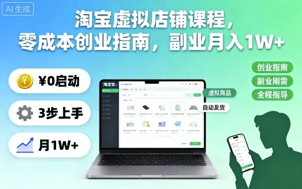 淘宝虚拟店铺课程,零成本创业指南,副业月入1W+ 淘宝虚拟店铺课程,零成本创业指南,副业月入1W+
