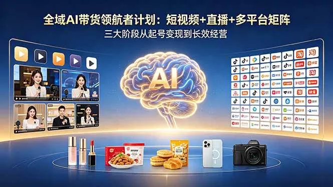 【精】全域AI带货领航者计划：短视频+直播+多平台矩阵，三大阶段从起号变现到长效经营