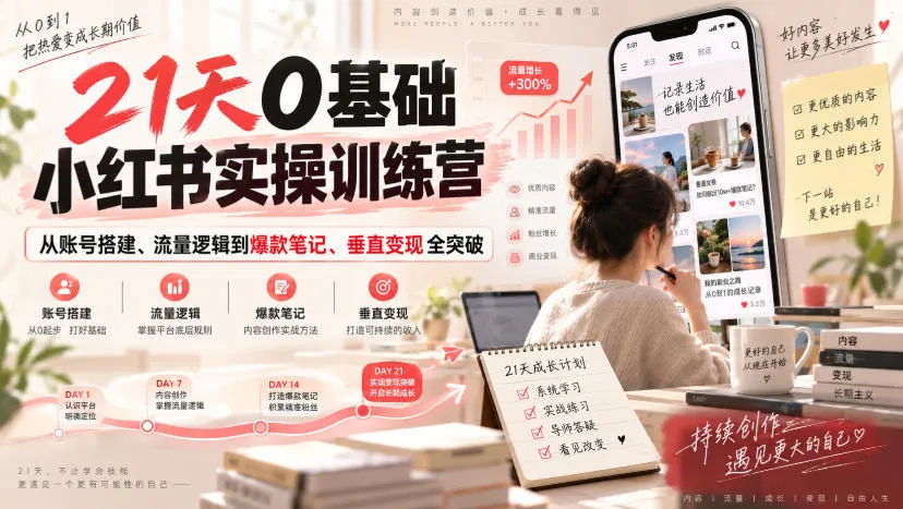 【精】21天0基础小红书实操训练营｜从账号搭建、流量逻辑到爆款笔记、垂直变现全突破