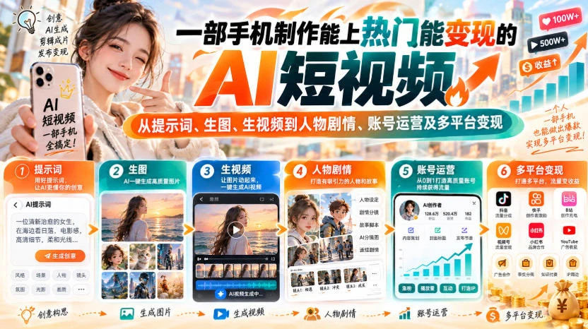 【精】一部手机制作能上热门能变现的AI短视频，从提示词、生图、生视频到人物剧情、账号运营及多平台变现