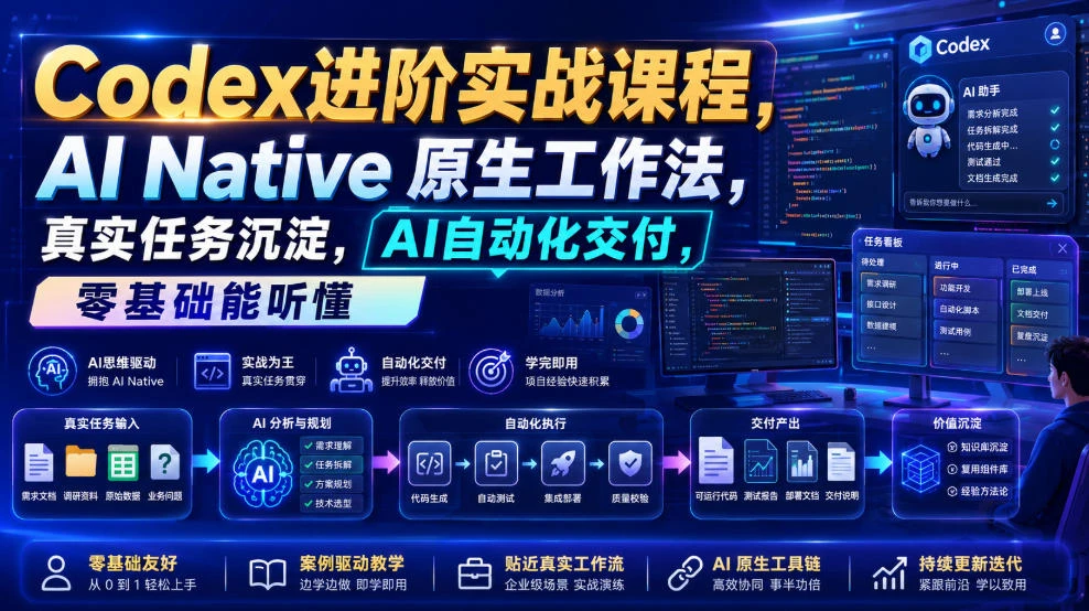 【精】Codex进阶实战课|AI Native原生工作法,22节真实任务落地,从配置到AI自动化交付全链路教程 【精】Codex进阶实战课|AI Native原生工作法,22节真实任务落地,从配置到AI自动化交付全链路教程