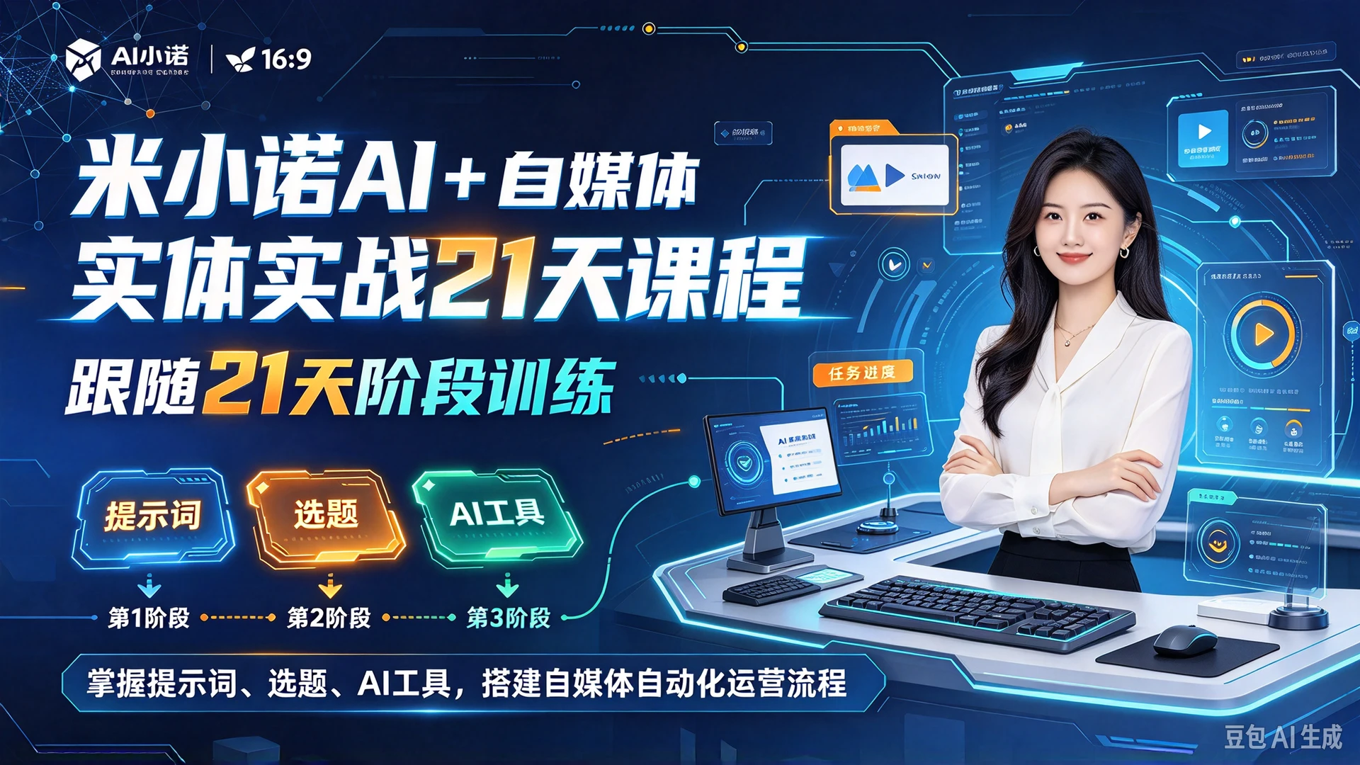 【精】米小诺AI + 自媒体实战21天课程,跟随21天阶段训练,掌握提示词、选题、AI工具,搭建自媒体自动化运营流程