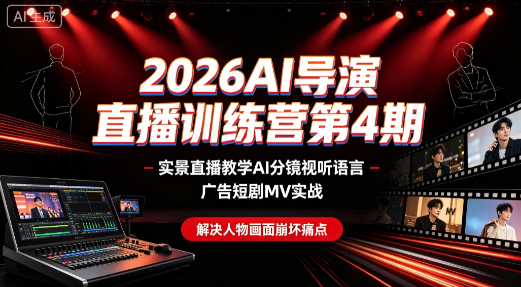【精】2026AI导演直播训练营第4期，实景直播教学AI分镜视听语言，广告短剧MV实战，解决人物画面崩坏痛点