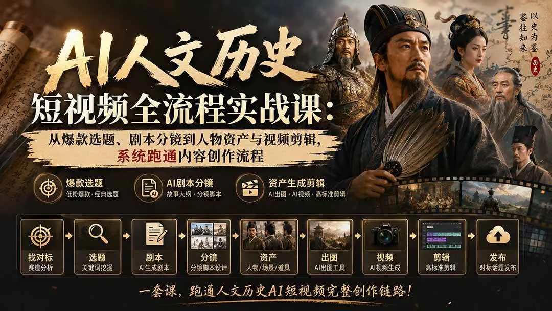 【精】AI人文历史短视频全流程实战课：从爆款选题、剧本分镜到人物资产与视频剪辑，系统跑通内容创作流程