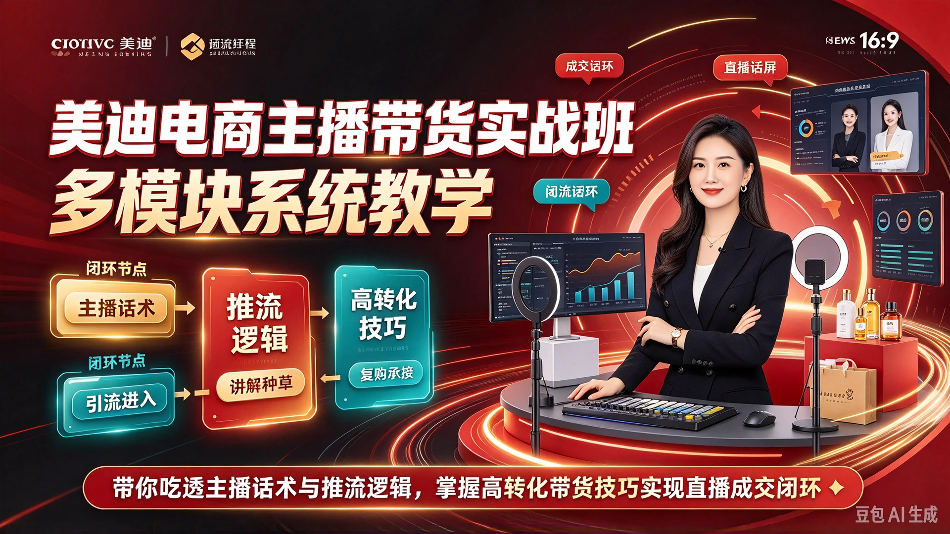 【精】美迪电商主播带货实战班,多模块系统教学,带你吃透主播话术与推流逻辑,掌握高转化带货技巧实现直播成交闭环