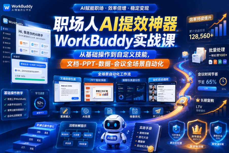 【精】职场人AI提效神器WorkBuddy实战课,从基础操作到自定义技能,文档-PPT-数据-会议全场景自动化 【精】职场人AI提效神器WorkBuddy实战课,从基础操作到自定义技能,文档-PPT-数据-会议全场景自动化