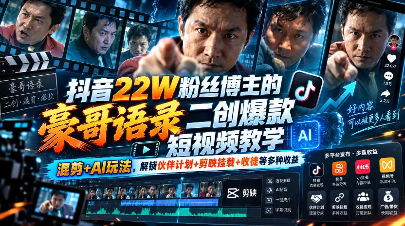 【精】抖音22W粉丝博主的豪哥语录二创爆款短视频教学,混剪+AI玩法 【精】抖音22W粉丝博主的豪哥语录二创爆款短视频教学,混剪+AI玩法
