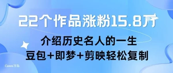 22个作品涨粉15.8W ，介绍历史名人的一生 ， 豆包+即梦+剪映轻松复制