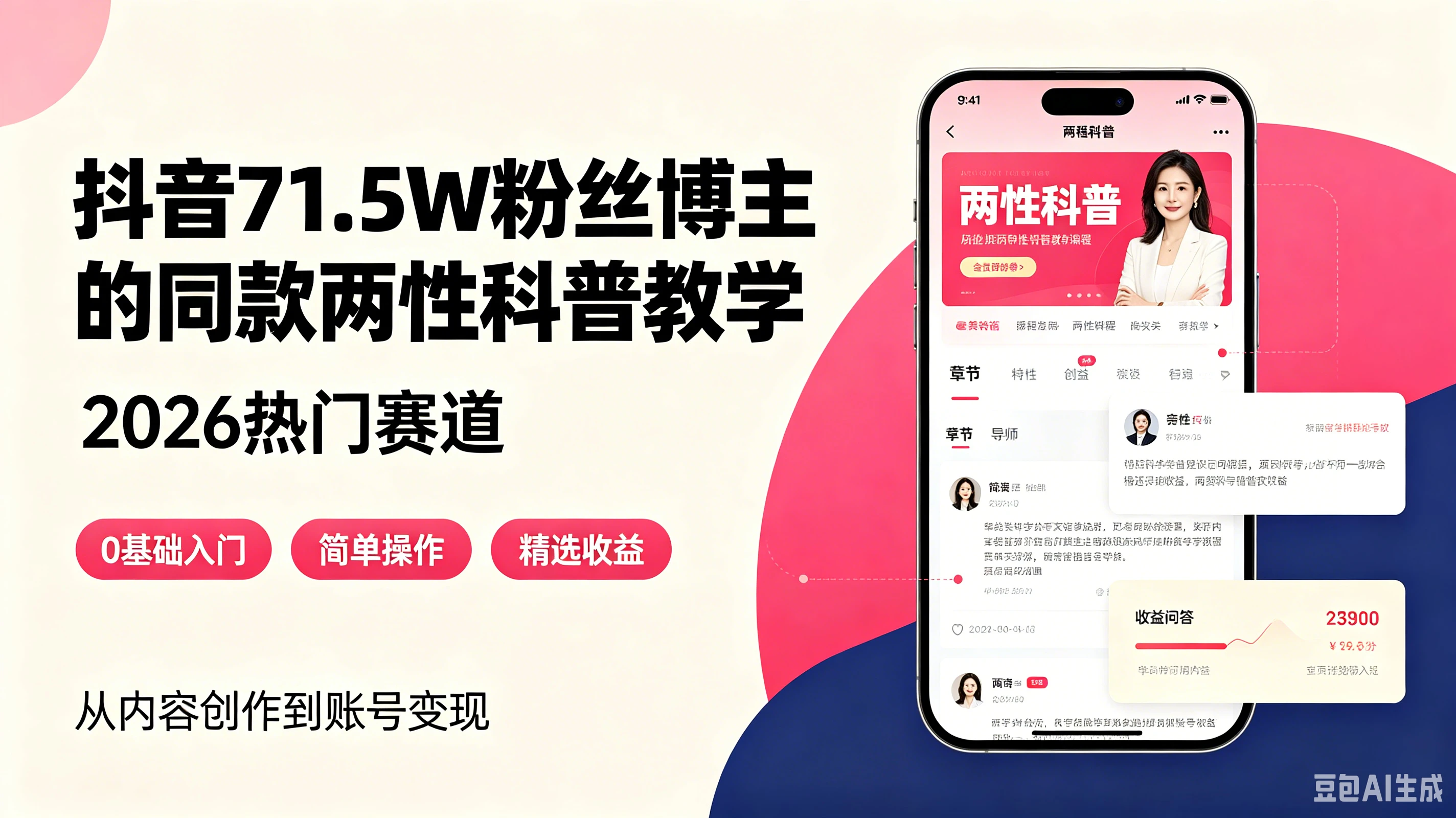 【精】抖音71.5W粉丝博主的同款两性科普教学，2026热门赛道，操作简单，轻松上手，0基础也能做，吃伙伴+精选收益