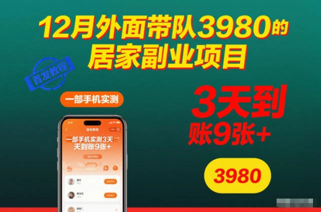 12月外面带队3980的居家副业项目,一部手机实测3天到账9张 ,首发教程【揭秘】 12月外面带队3980的居家副业项目,一部手机实测3天到账9张 ,首发教程【揭秘】