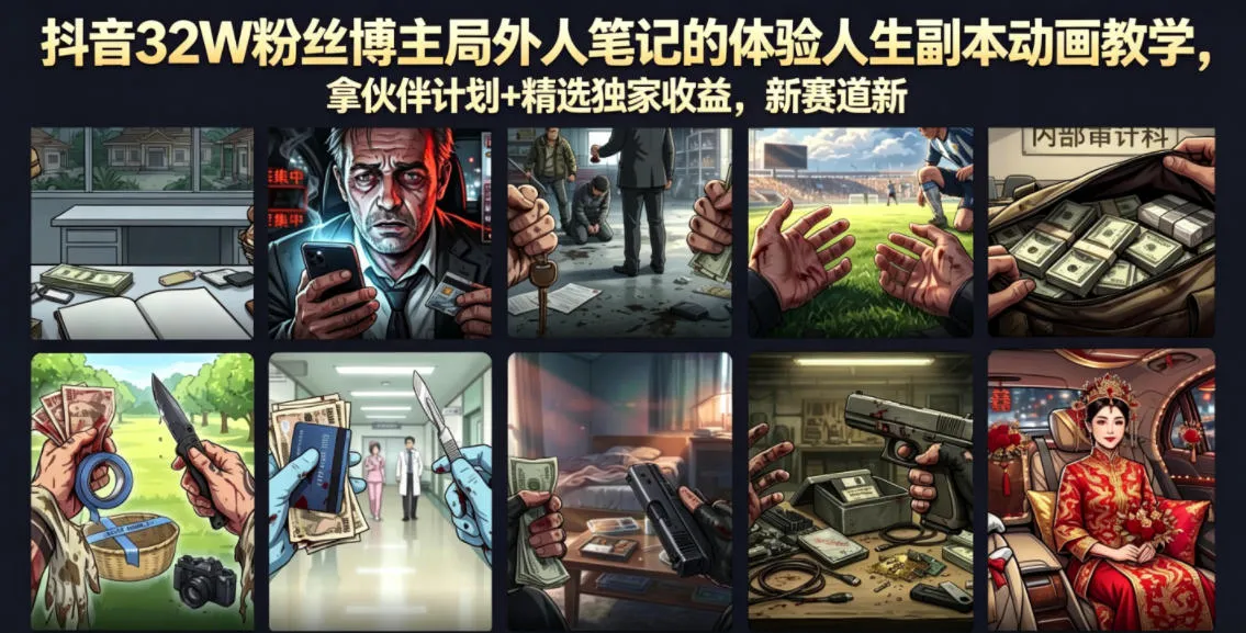 【精】抖音32W粉丝博主局外人笔记的体验人生副本动画教学,拿伙伴计划+精选独家收益,新赛道新涨粉快(录制版)