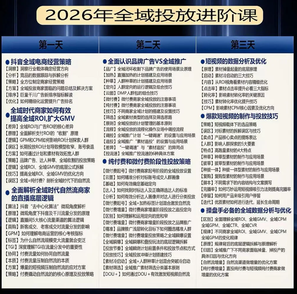 【精】千川扫地僧2026抖音全域投放进阶课，少走弯路·快速起量·掌控增长，6月12-14号杭州线下课（26年7月更新）