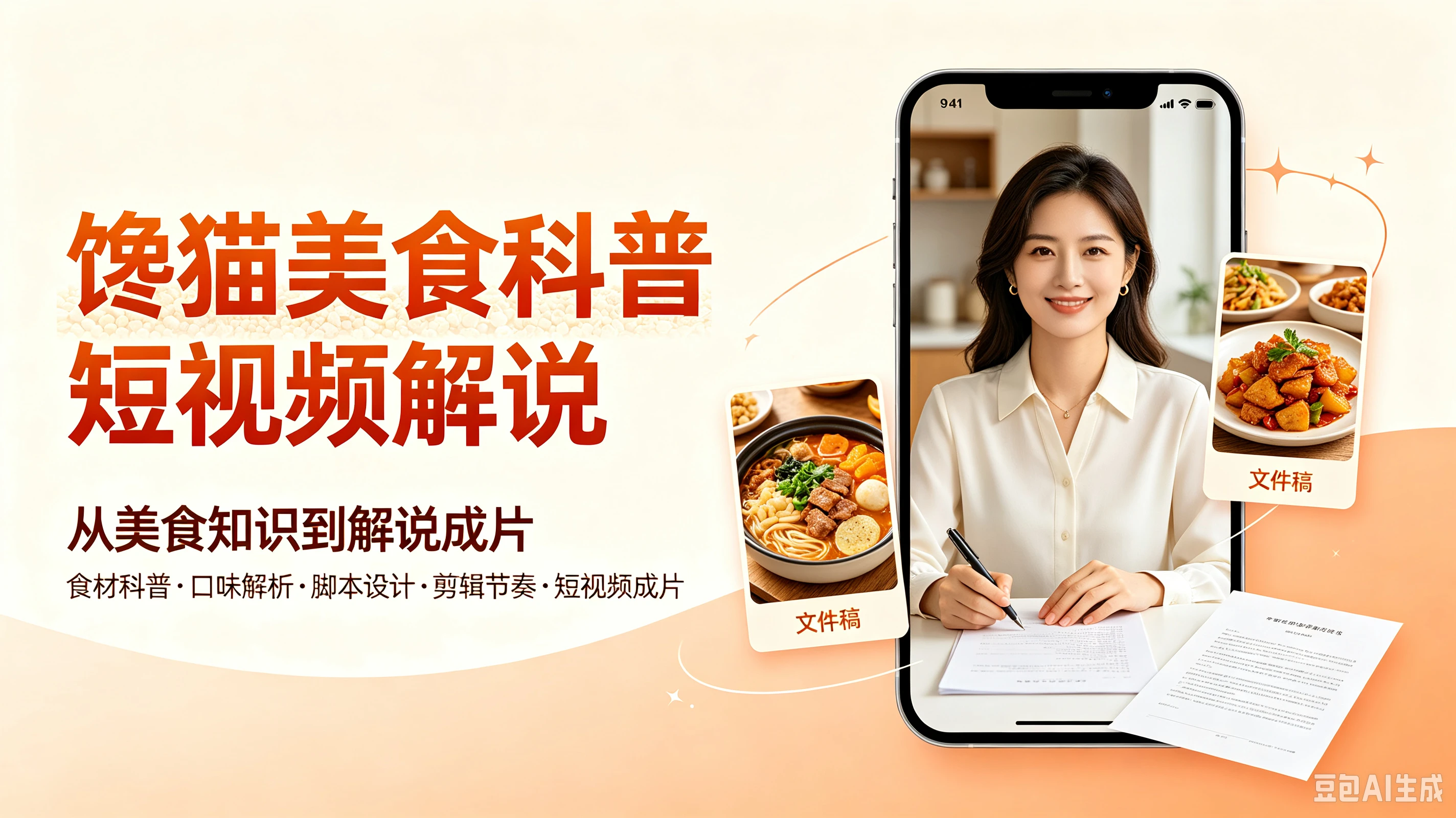 馋猫美食科普短视频解说,从美食知识到解说成片,食材科普、口味解析、脚本设计、剪辑节奏、短视频成片