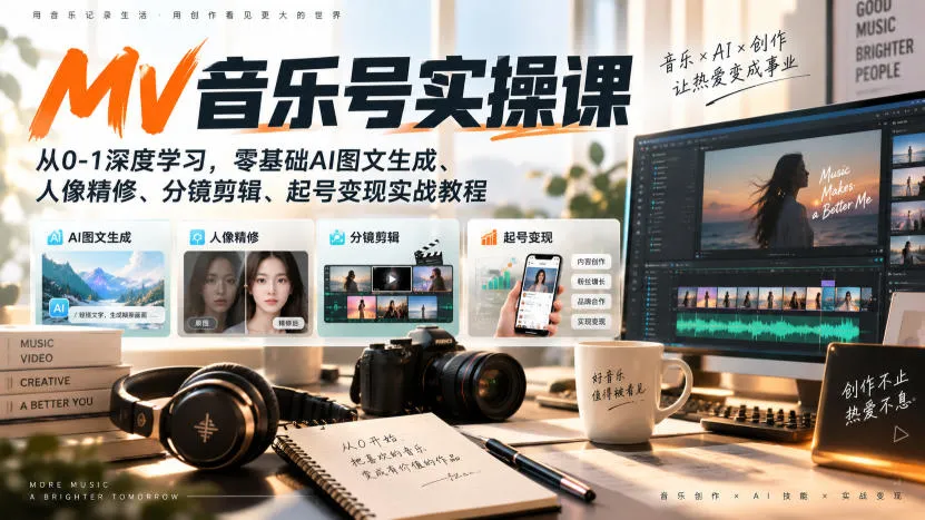 【精】AI MV音乐号实操课,从0-1深度学习,零基础AI图文生成、人像精修、分镜剪辑、起号变现实战教程 【精】AI MV音乐号实操课,从0-1深度学习,零基础AI图文生成、人像精修、分镜剪辑、起号变现实战教程