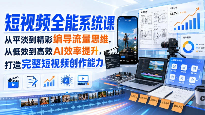 【精】短视频全能系统课，从平淡到精彩编导流量思维，从低效到高效AI效率提升，打造完整短视频创作能力（完整版）