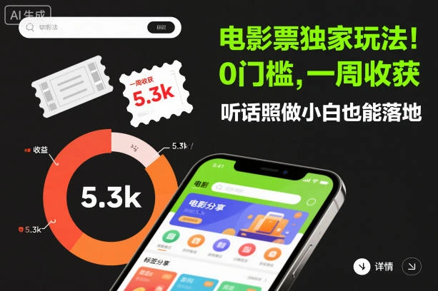 电影票独家玩法！0门槛，一周收获5.3k，听话照做小白也能落地【揭秘】