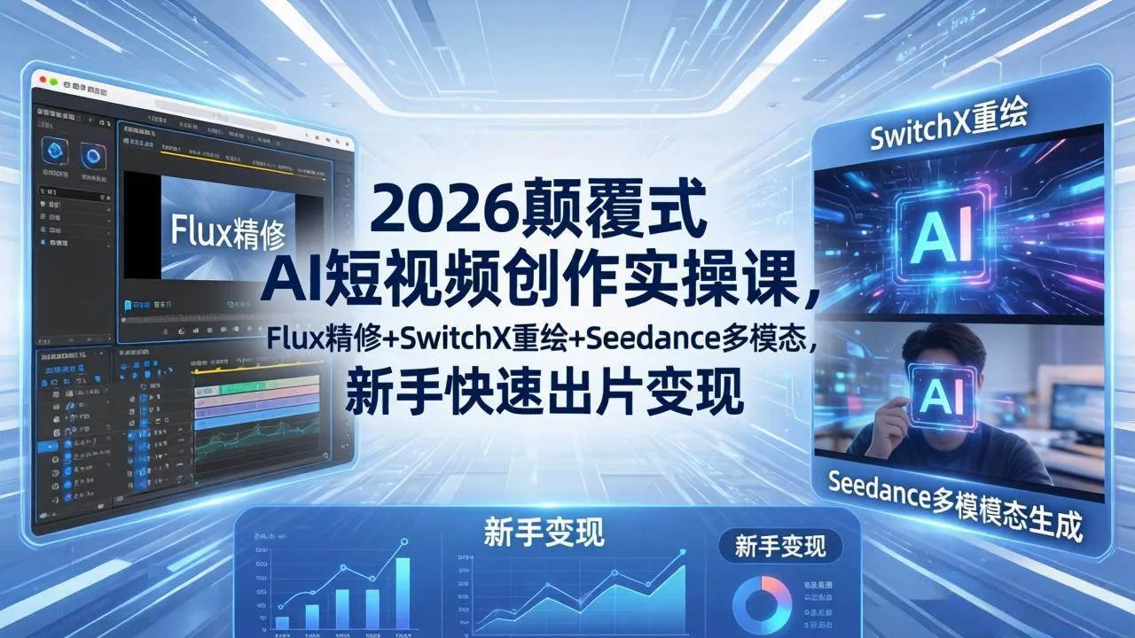 【精】2026颠覆式 AI短视频创作课-5月更新，Flux精修+SwitchX重绘+Seedance多模态，新手快速出片变现