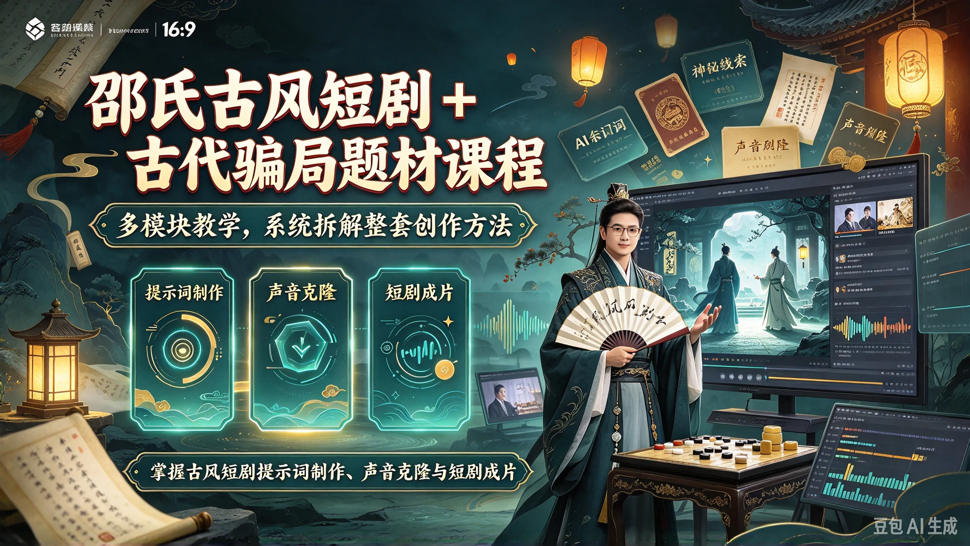 【精】邵氏古风短剧 + 古代骗局题材课程,多模块教学,掌握古风短剧提示词制作、声音克隆与短剧成片的整套创作方法